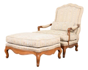 Baker Furniture French Provincial Louis XV Oversized Fauteuil and Ottoman