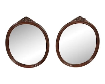 Romweber Style Antique Victorian Carved Mahogany Oval Wall Mirrors, Pair