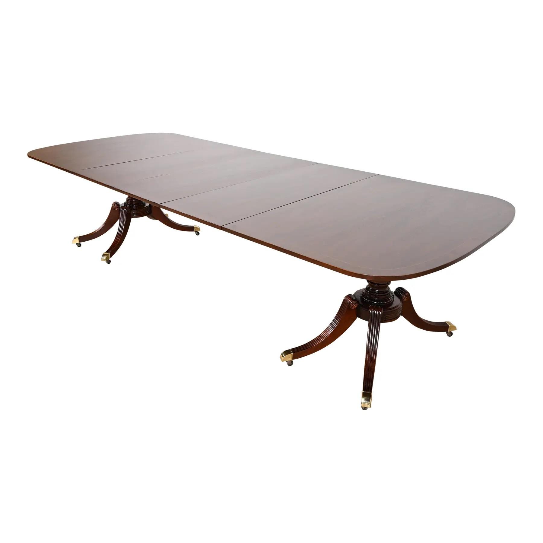 Baker Furniture Georgian Banded Mahogany Double Pedestal Extension Dining Table, Newly Refinished