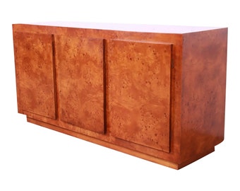 Milo Baughman Style Burled Olive Wood Sideboard, Credenza, or Bar Cabinet