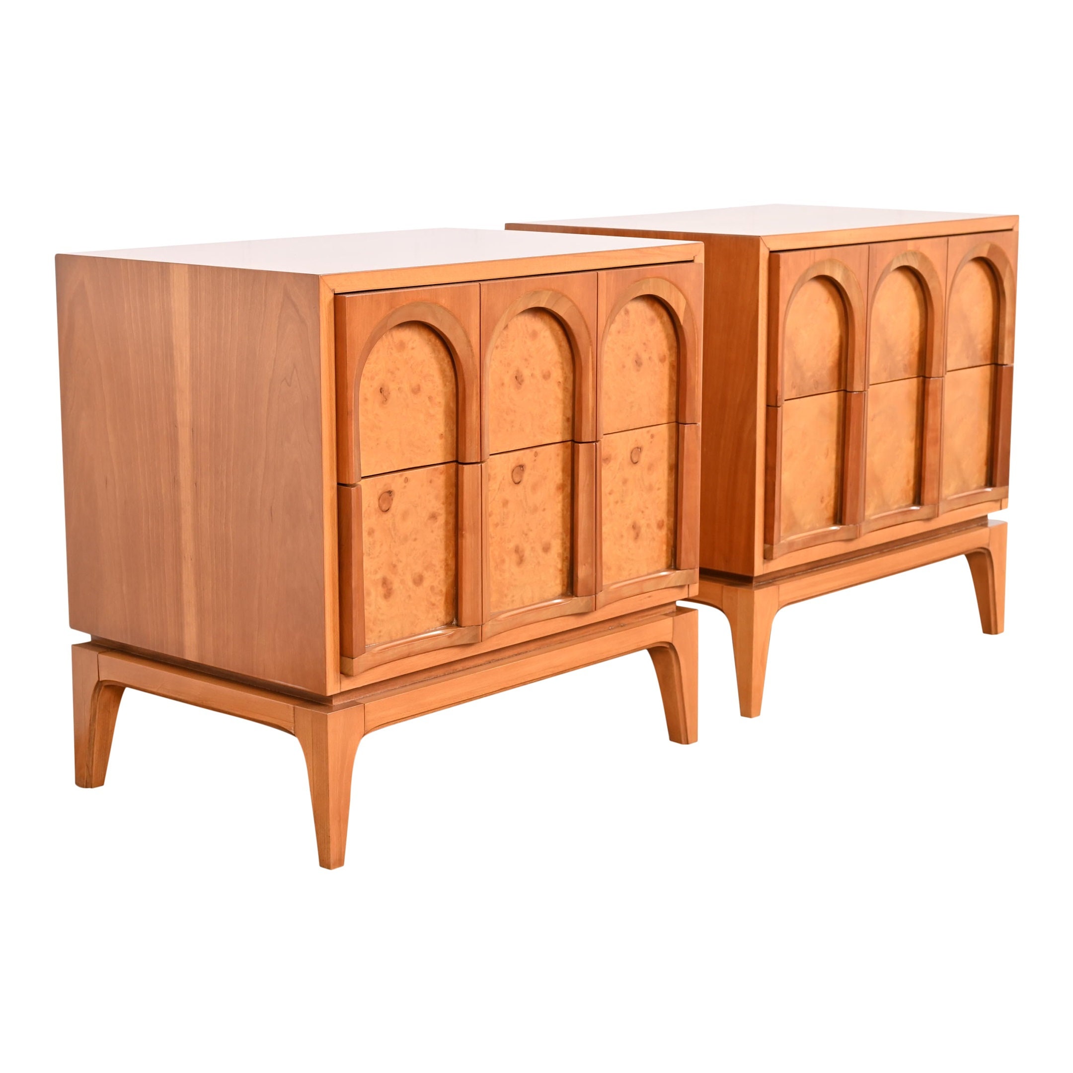 Thomasville Mid-century Modern Burl Wood Nightstands, Newly