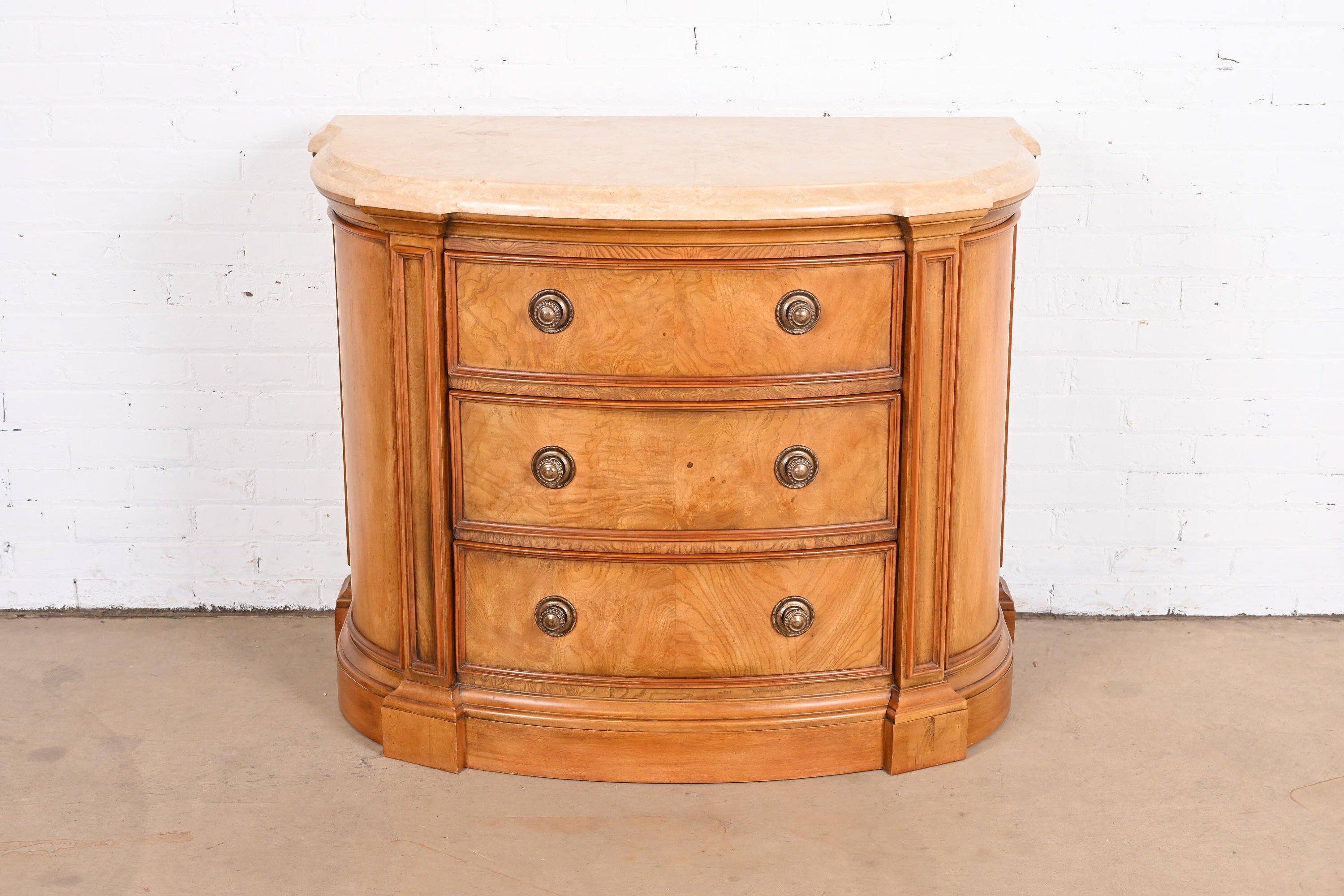 Henredon Burl Wood Regency Marble Top Demilune Commode or Chest of