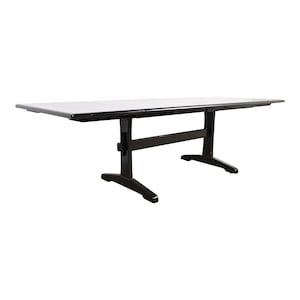 Ethan Allen Black Lacquered Pine Trestle Base Farmhouse Extension Dining Table, Newly Refinished