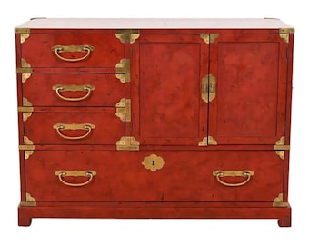 Century Furniture Hollywood Regency Chinoiserie Red Lacquered Commode or Chest of Drawers, Circa 1970s