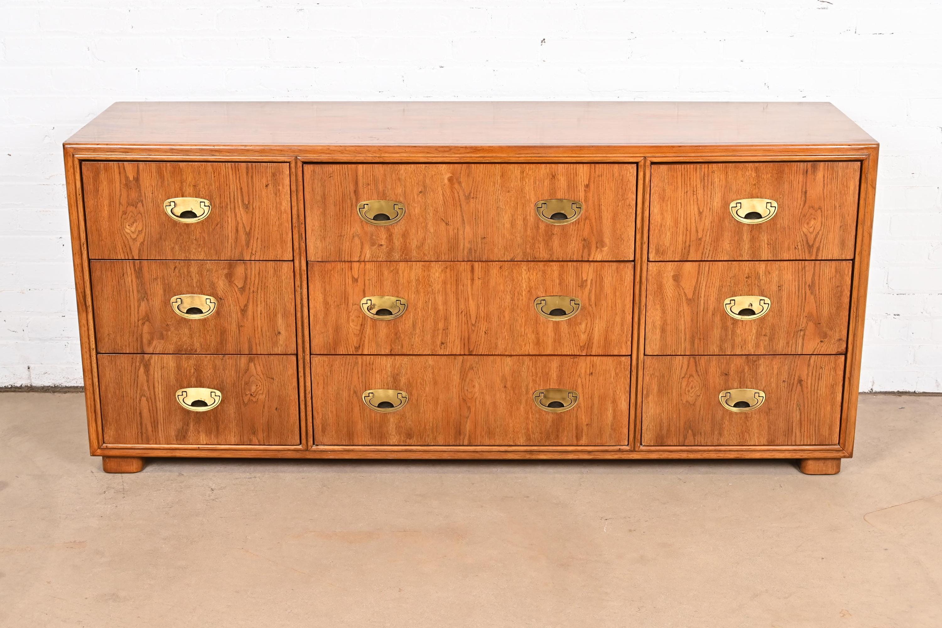 Drexel Heritage Hollywood Regency Campaign Oak Triple Dresser or