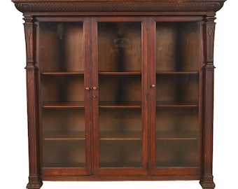 R. J. Horner Style American Empire Carved Oak Glass Front Triple