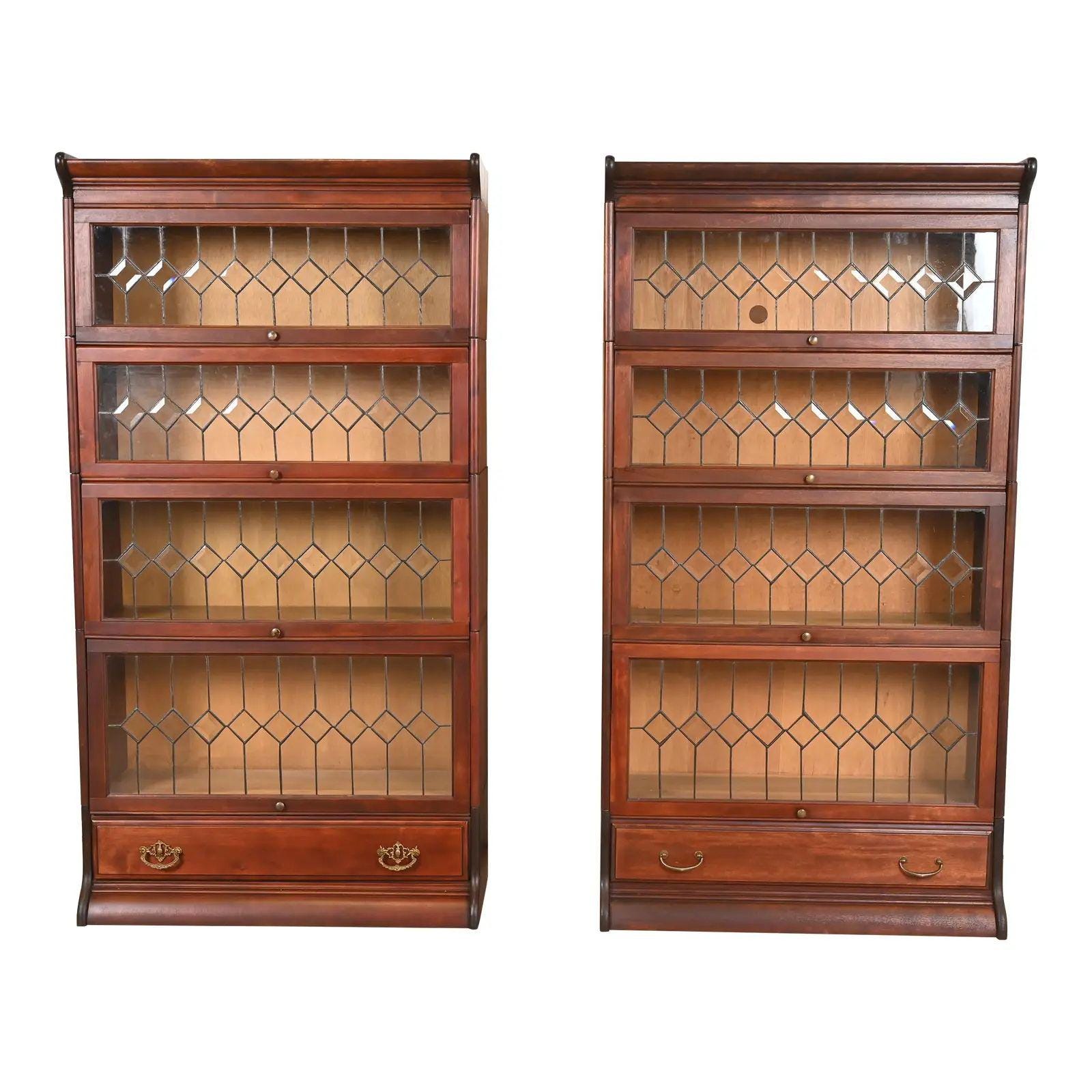 Globe Wernicke Antique Arts & Crafts Mahogany Four-Stack Barrister Bookcases With Leaded Glass Doors, Pair