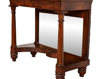 Maitland Smith French Empire of Louis XVI Carved Mahogany Faux Marble Top Console Table With Mirrored Back