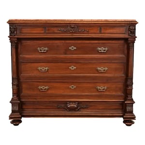 R. J. Horner Style Antique Victorian Carved Walnut Marble Top Buffet Server or Dresser, Circa 1880s