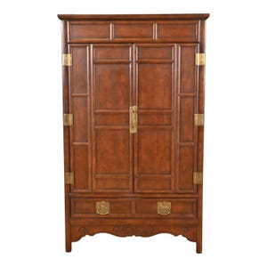 Michael Taylor for Baker Furniture Hollywood Regency Chinoiserie Carved Walnut Media Armoire Cabinet
