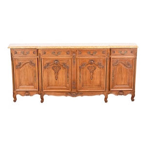 Antique Monumental French Provincial Louis XV Carved Walnut Marble Top Sideboard or Bar Cabinet