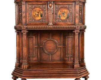 Antique French Renaissance Revival Ornate Carved Walnut Bar Cabinet, Circa 1890s