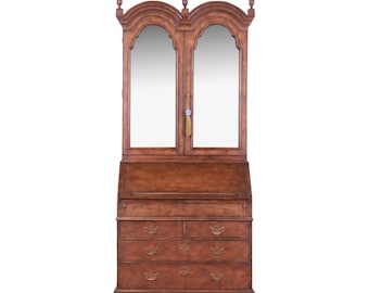 Baker Furniture Georgian Walnut Drop Front Secretary Desk With Mirrored Bookcase Hutch