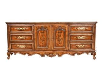 Drexel Heritage French Provincial Louis XV Carved Walnut Triple Dresser or Credenza