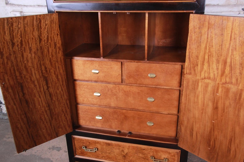 Century Furniture Black Lacquer and Burl Wood Chinoiserie Armoire Dresser