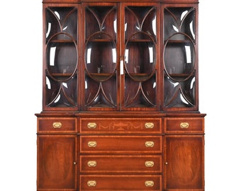 Baker Furniture Style Georgian Inlaid Mahogany Bubble Glass Breakfront Bookcase With Drop Front Secretary Desk