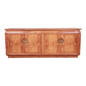 Raymond Sobota for Century Hollywood Regency Chinoiserie Burl Wood Sideboard Credenza, Newly Refinished