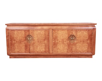 Raymond Sobota for Century Hollywood Regency Chinoiserie Burl Wood Sideboard Credenza, Newly Refinished