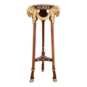 John Widdicomb Neoclassical Mahogany Guéridon Pedestal Table or Plant Stand With Gold Gilt Ram Heads and Hooved Feet