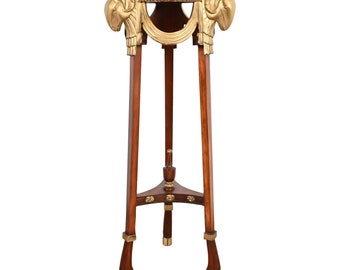 John Widdicomb Neoclassical Mahogany Guéridon Pedestal Table or Plant Stand With Gold Gilt Ram Heads and Hooved Feet