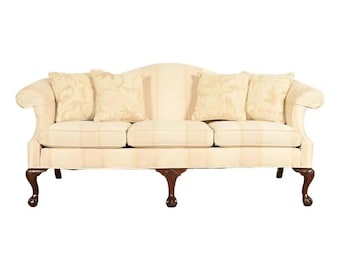 Ethan Allen Chippendale Carved Mahogany Upholstered Camelback Sofa