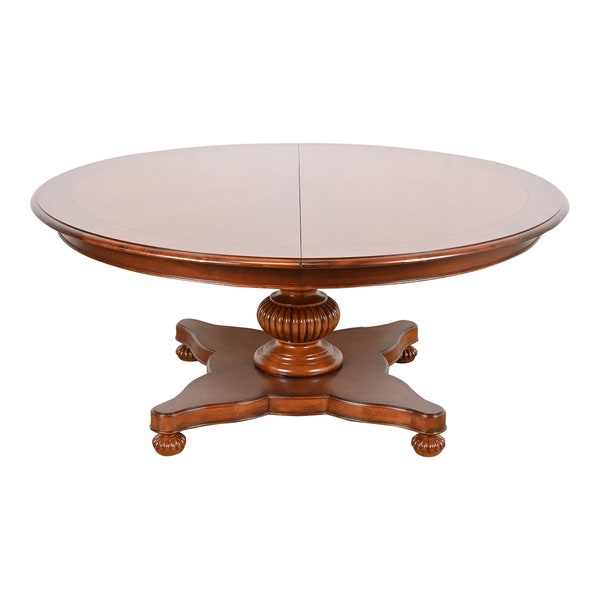 Baker Furniture Italian Empire Banded Cherry Wood Pedestal Extension Dining Table, Newly Refinished