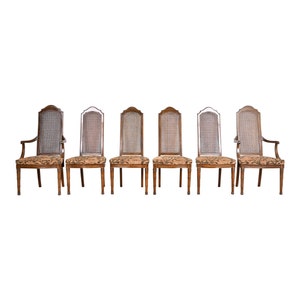 Henredon Mid-Century Modern Walnut and Cane High Back Dining Chairs, Set of Six