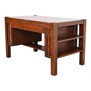 Stickley Brothers Style Antique Mission Oak Arts & Crafts Desk or Library Table With Built-In Bookcases