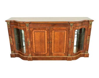 Henredon Grand Provenance Italian Neoclassical Walnut and Burl Wood Lighted Sideboard or Bar Cabinet