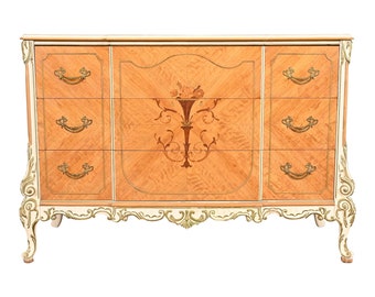 Romweber French Rococo Louis XV Satinwood Inlaid Marquetry and Parcel Painted Dresser, Circa 1930s