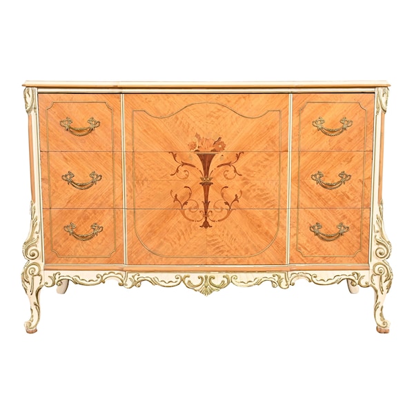 Romweber French Rococo Louis XV Satinwood Inlaid Marquetry and Parcel Painted Dresser, Circa 1930s