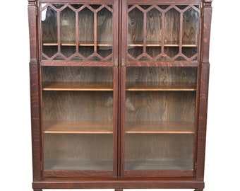 Antique Arts & Crafts Carved Oak Glass Front Double Bookcase, Circa 1900