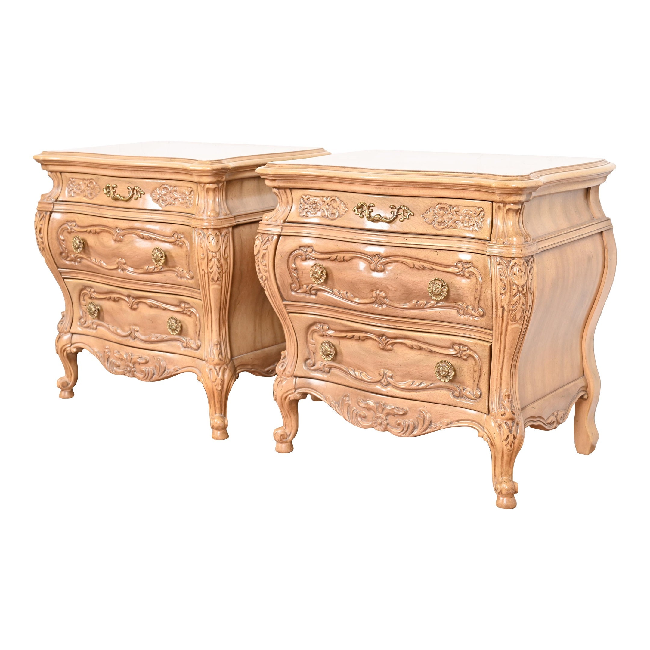 Grosfeld House Style French Provincial Louis XV Carved Bleached Walnut Bedside Chests, Pair