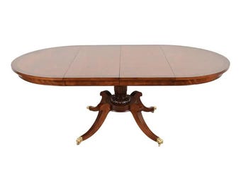 Baker Furniture Style Georgian Banded Mahogany and Burl Wood Pedestal Extension Dining Table, Newly Refinished
