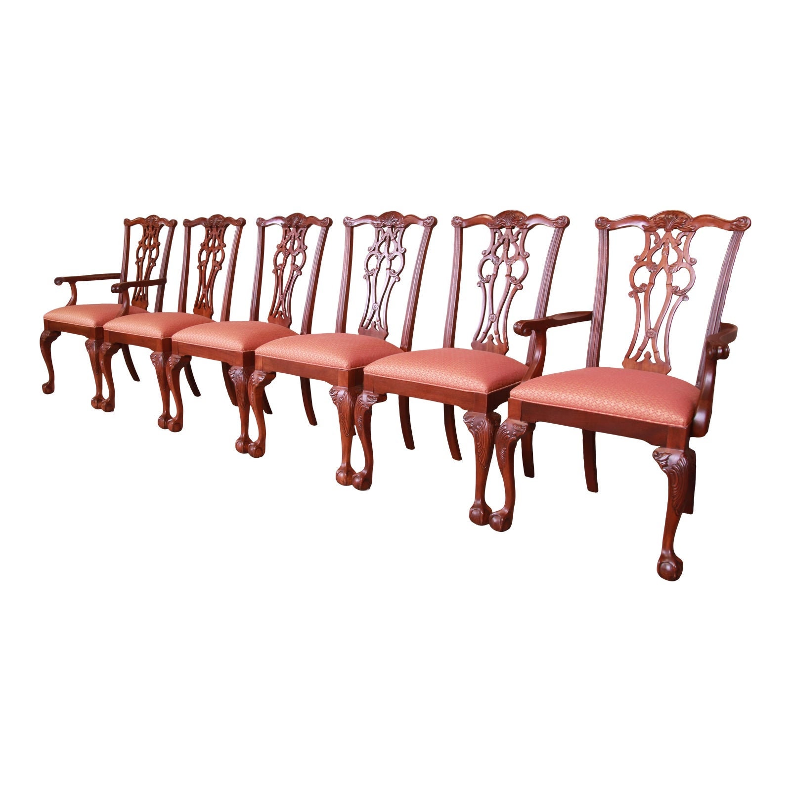 Ethan Allen Chippendale Carved Mahogany Dining Chairs Set of Six