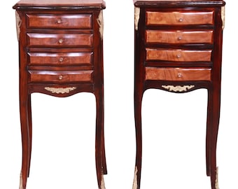 Petite French Provincial Louis XV Mahogany and Burl Wood Nightstands, Pair