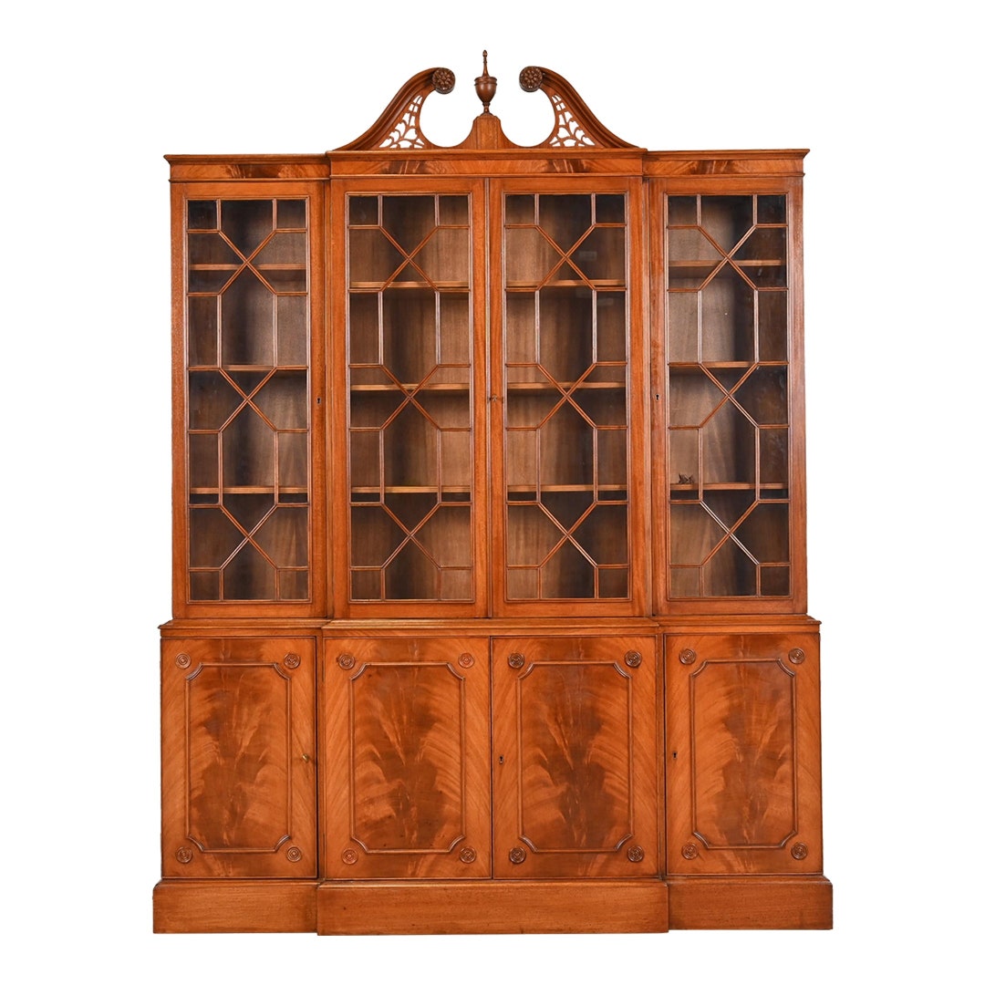 Baker Furniture Style Carved Flame Mahogany Breakfront