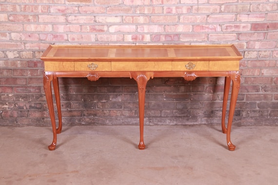 Baker Furniture Queen Anne Cherry and Burl Wood Console or Sofa