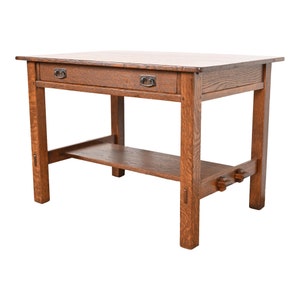 Antique L. & J. G. Stickley Mission Oak Arts and Crafts Writing Desk or Library Table, Newly Restored