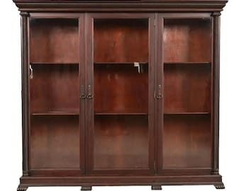 R. J. Horner Style American Empire Carved Mahogany Glass Front Triple Bookcase Cabinet, Circa 1890s