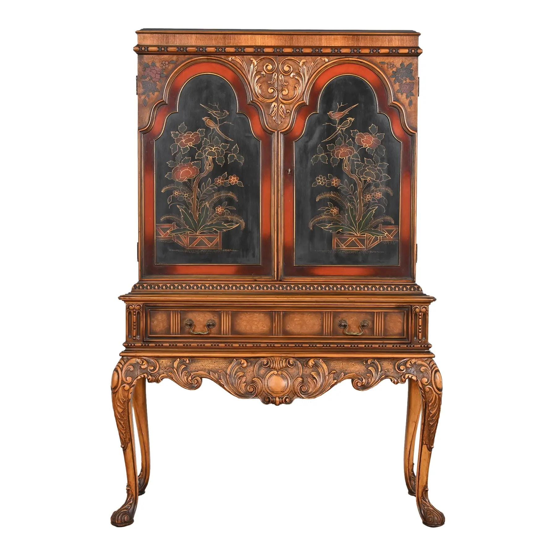 Berkey & Gay Antique Georgian Chinoiserie Burled Walnut and Hand