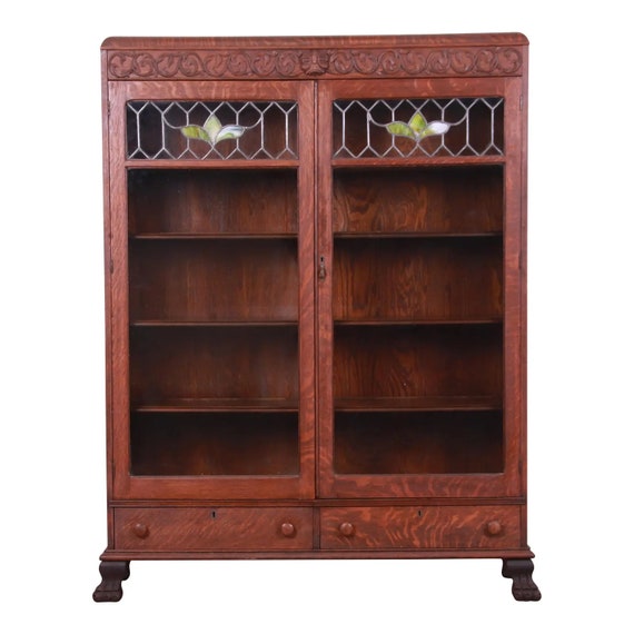 Antique Mission Oak Arts Crafts, Antique French Bookcase With Glass Doors