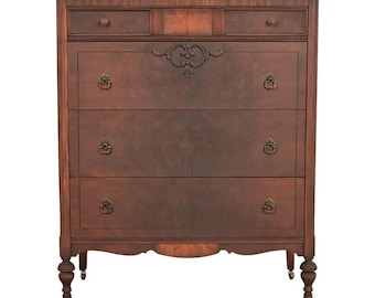 Berkey & Gay Style French Regency Louis XVI Carved Burled Walnut Highboy Dresser, Circa 1920s