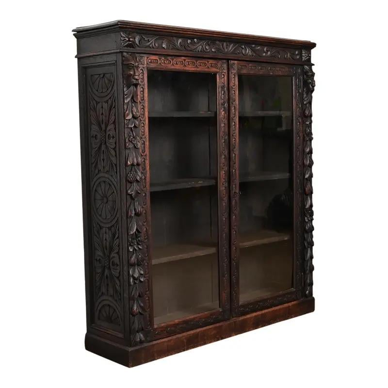 R. J. Horner Style Antique Victorian Carved Oak Bookcase Cabinet