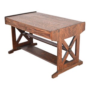 Limbert Style Antique Mission Tiger Oak Arts & Crafts Trestle Library Table or Writing Desk, Circa 1900