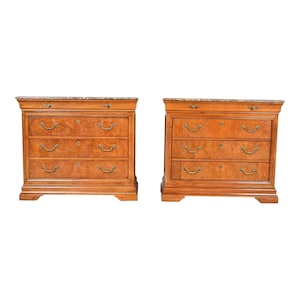 Thomasville French Louis Philippe Burl Wood Marble Top Four-Drawer Dresser Chests, Pair