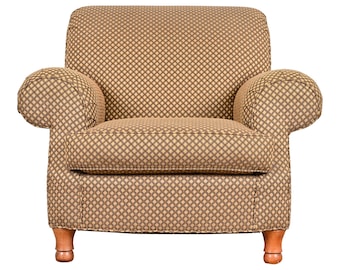 May include: A brown and beige patterned armchair with wooden legs. The chair has a tufted back and rolled arms.