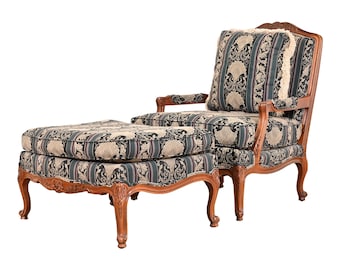 Thomasville French Provincial Louis XV Carved Walnut Upholstered Fauteuil and Ottoman