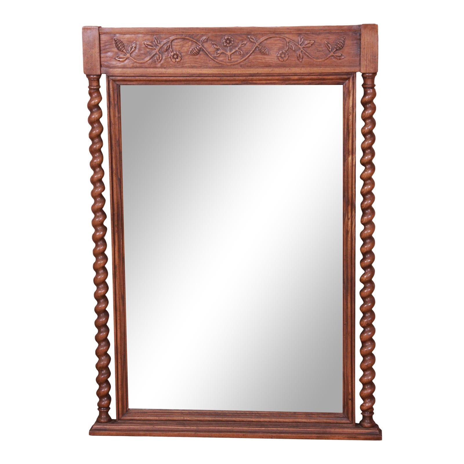 Baker Furniture English Barley Twist Carved Oak Framed Wall Mirror