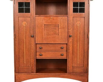 Stickley Harvey Ellis Collection Arts & Crafts Inlaid Oak and Leaded Glass Bookcase With Drop Front Secretary Desk